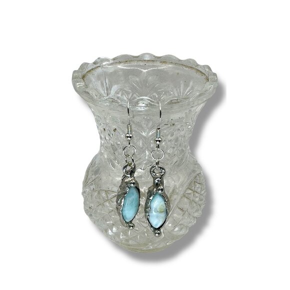 Larimar Dainty Earrings Encased In Boho Artisan Silver Bezels With 925 Hooks - Picture 5 of 14